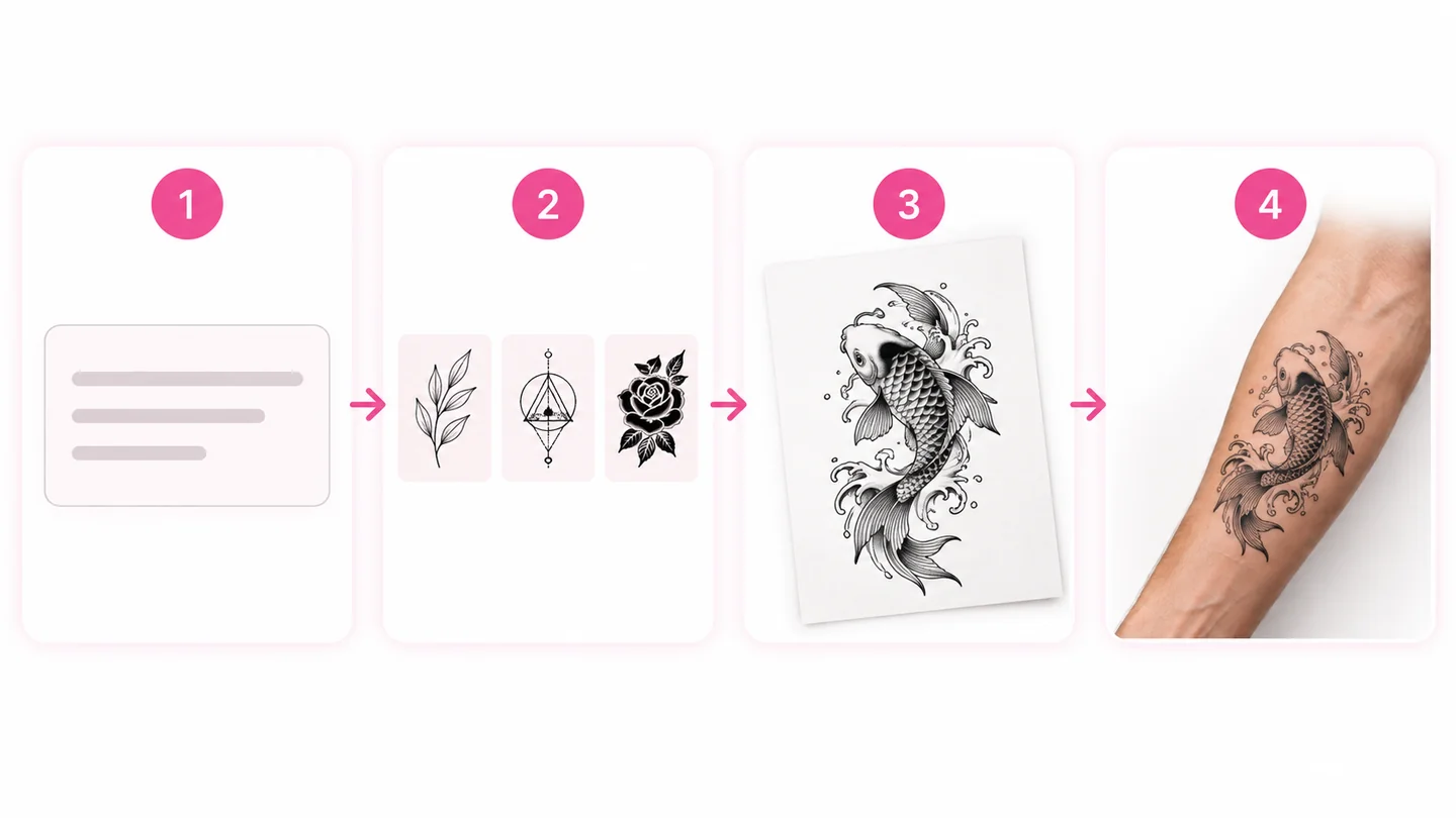Illustrated workflow: describe an idea, choose a style, create artwork, then preview it on a forearm