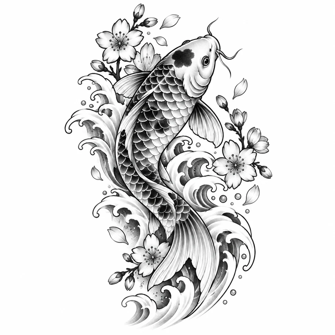 Black and grey koi tattoo artwork for discussing placement with an artist
